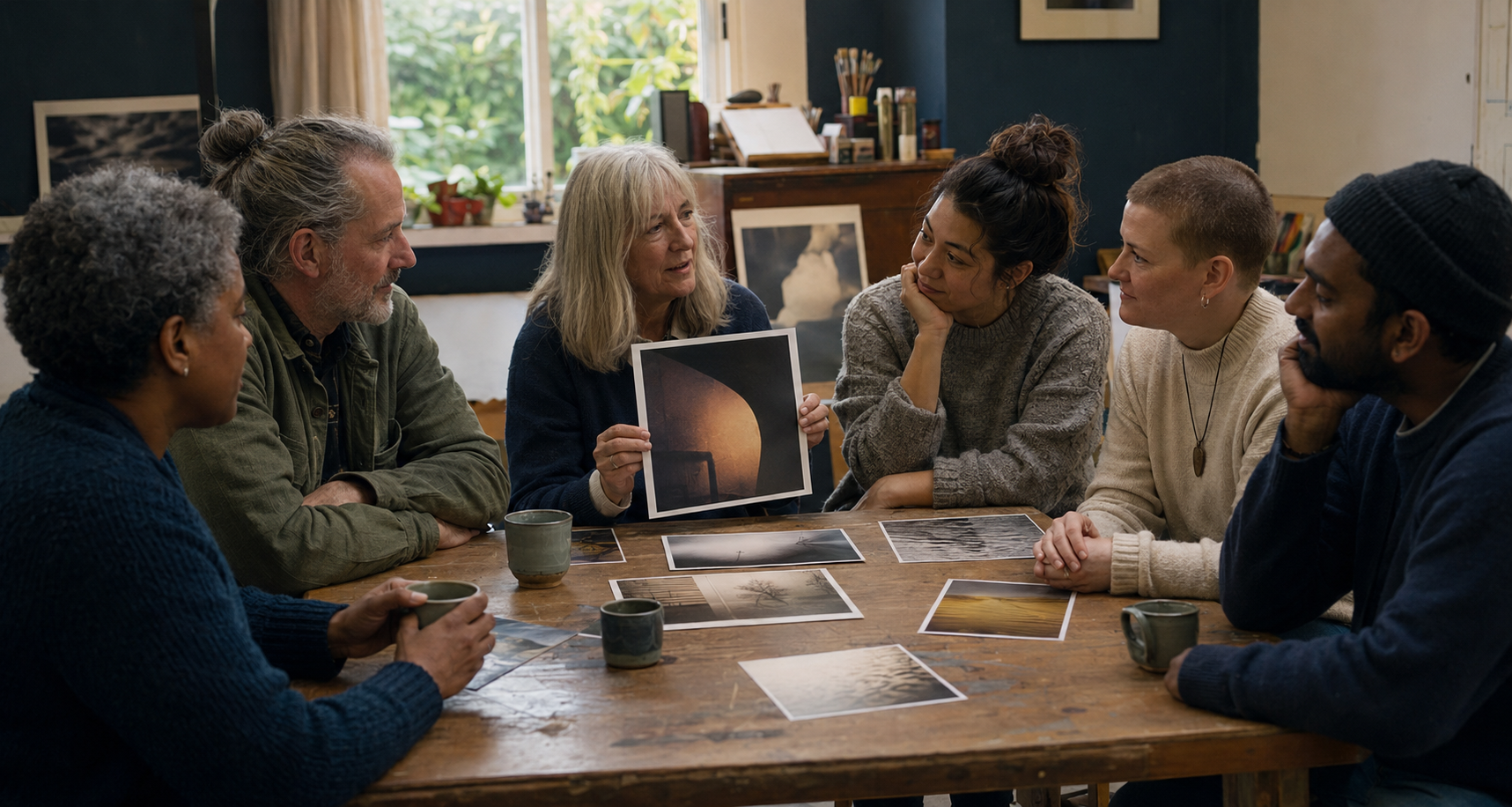 Six participants sitting together and reflecting on photographs they have made