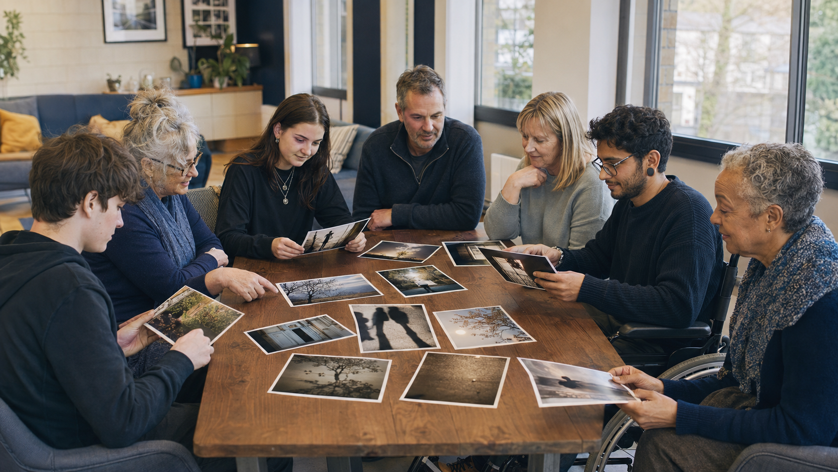 An intergenerational group sharing and discussing expressive photographs